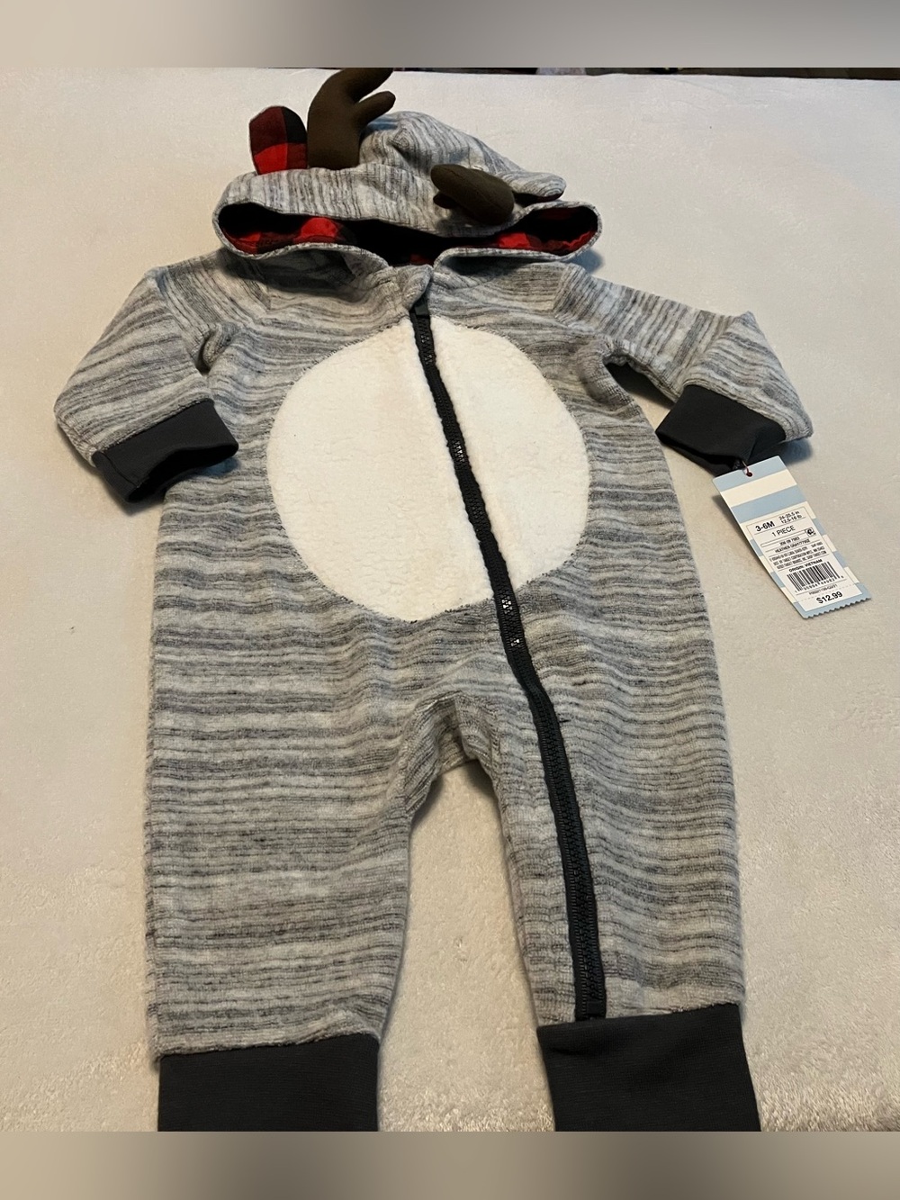 Gray Stripe Cozy Reindeer Hooded One-Piece